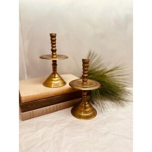 Antique Dutch Brass Heemskerk Mid-Drip Candlesticks Set 2 6x3.5